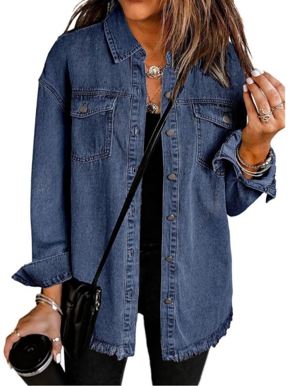 Women's Bay Blue Oversized Button Up Drop Shoulder Frayed Hem Denim Jean Jacket